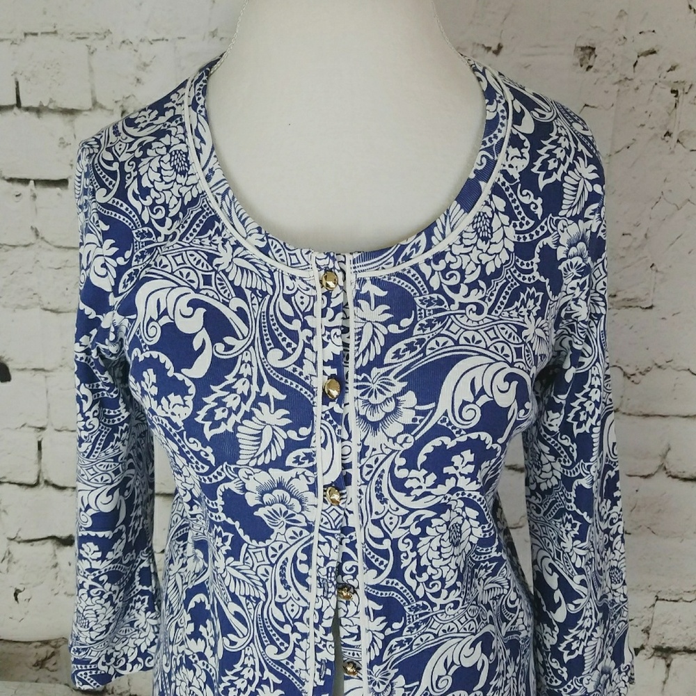 Rafaella blue & white 3/4 sleeve cardigan sz M